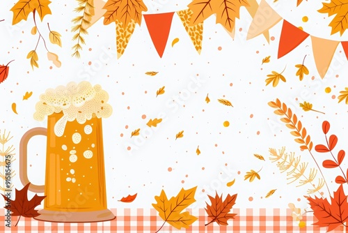 Octoberfest, beer mug and autumn leaves, yellow orange beige checkered pattern background with flags. poster or banner backdrop for brewing events during fall season. photo