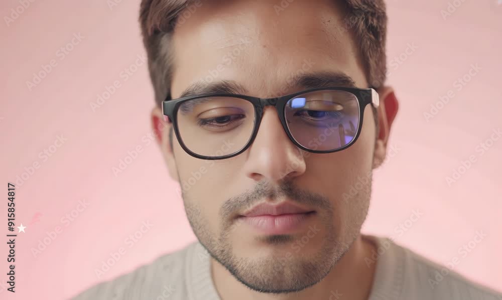 Young man with eyeglasses looking at camera over pink background. Young man with eyeglasses looking at camera over pink background.