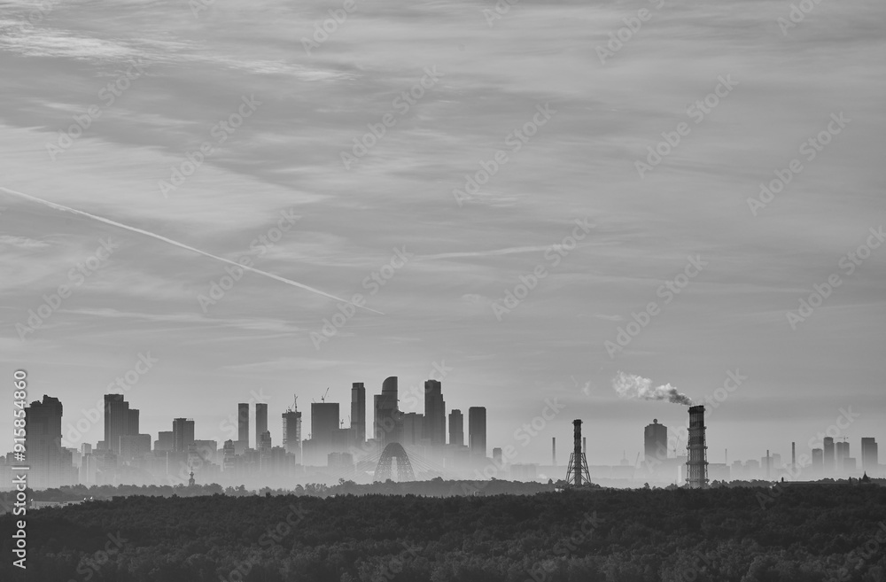 Obraz premium black and white fresh hazy spring morning view of Moscow City