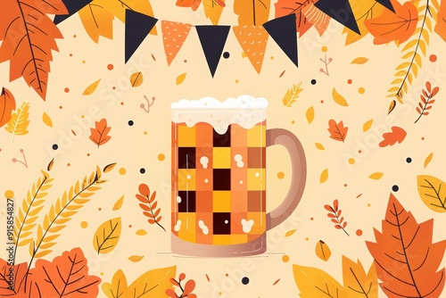 Octoberfest, beer mug and autumn leaves, yellow orange beige checkered pattern background with flags. poster or banner backdrop for brewing events during fall season. photo