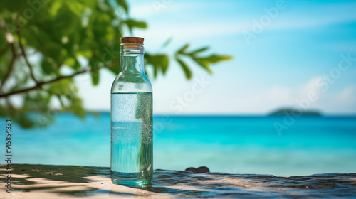 A glass bottle filled with water sits on a stone near a tranquil beach.