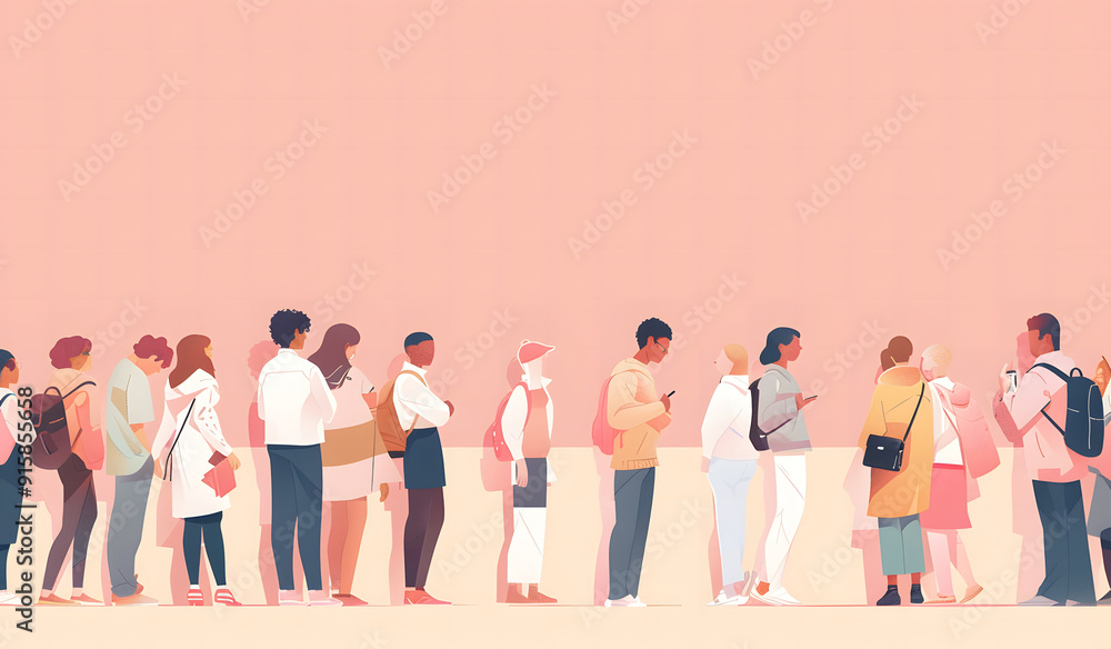 Fototapeta premium A group of diverse young people standing together, each with backpacks and casual clothing, depicted in a soft, pastel-colored illustration style. The scene is characterized by a dreamy, abstract back