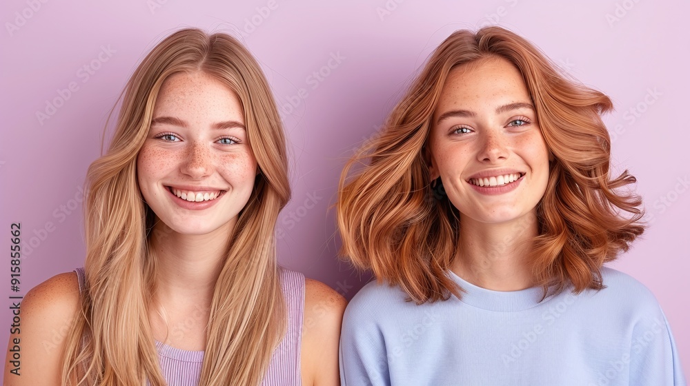 Two Smiling Women with Blonde Hair in Pastel Outfits on a Lavender Background, Ideal for Fashion Blogs, Editorials, Banners, and Marketing Materials, Emphasizing Natural Beauty and Elegance
Two Smiling Women with Blonde Hair in Pastel Outfits on a Lavender Background, Ideal for Fashion Blogs, Editorials, Banners, and Marketing Materials, Emphasizing Natural Beauty and Elegance