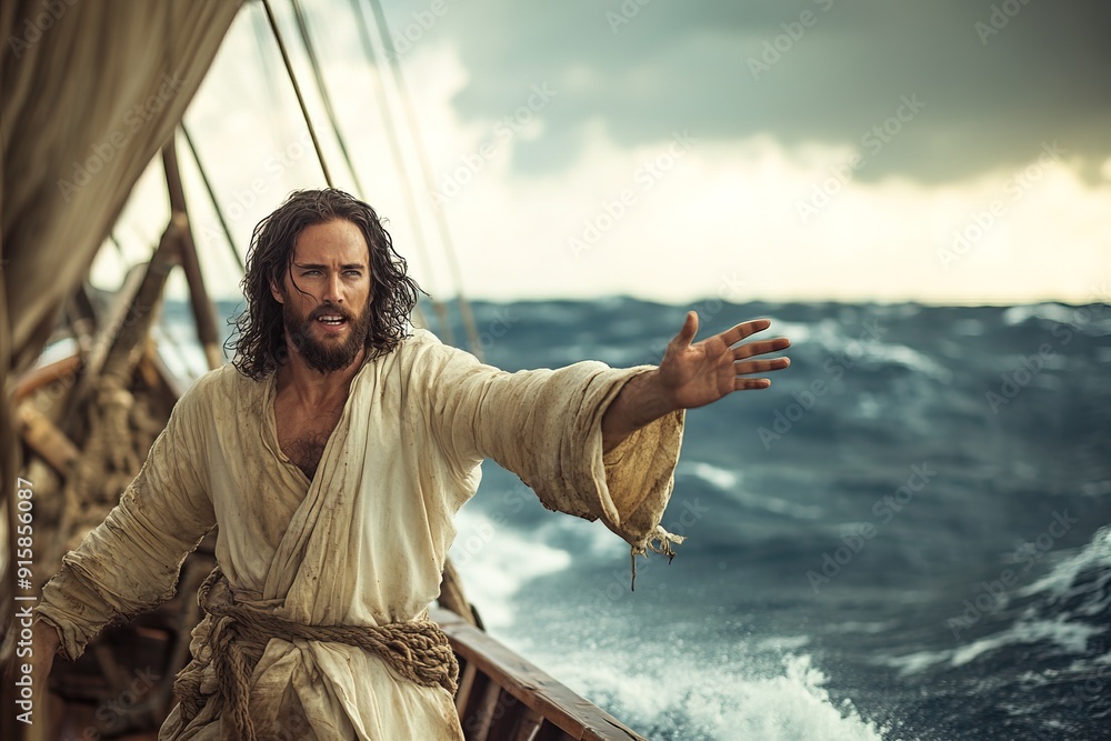 Calming the storm at sea, Jesus Christ commands the sea to calm down