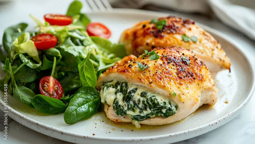 A chicken fillet stuffed with spinach and cheese, served with a side salad A chicken fillet stuffed with spinach and cheese, served with a side salad