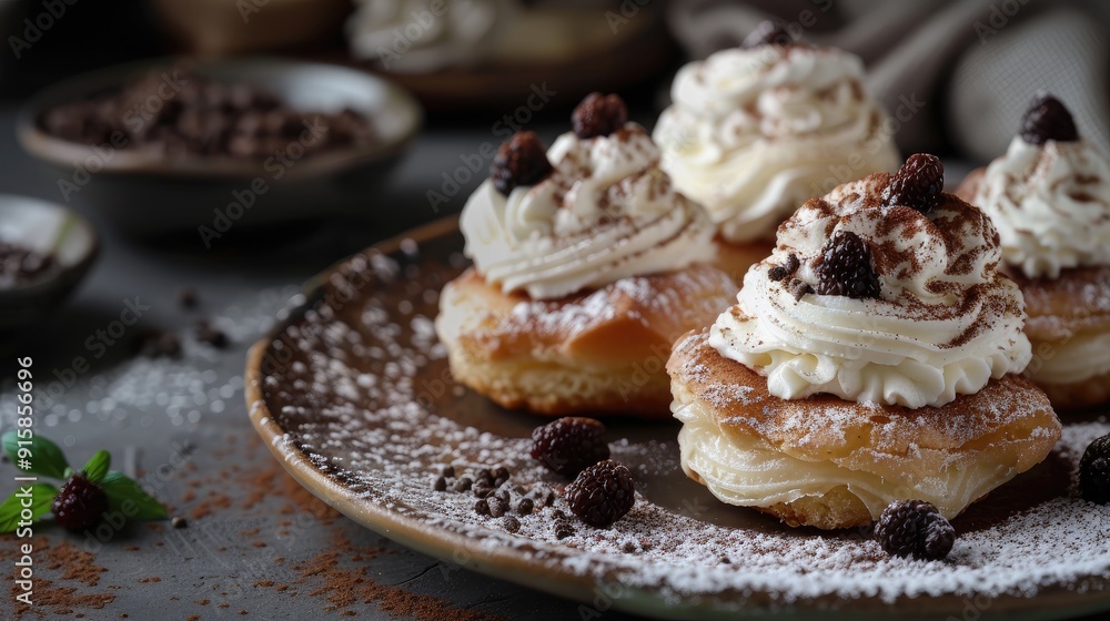 Shu Cake. Tasty profiterole with cream on the plate. Copy space. Shu Cake. Tasty profiterole with cream on the plate. Copy space.