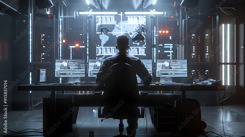 A male IT worker sits at his desk in front of computer monitors and looking computer screen, seen from behind and looking over the of an AI system that processes data on monitor displaying code A male IT worker sits at his desk in front of computer monitors and looking computer screen, seen from behind and looking over the of an AI system that processes data on monitor displaying code