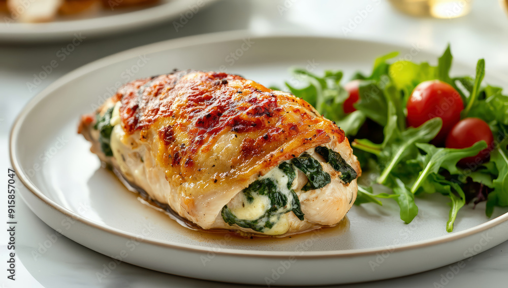 A chicken fillet stuffed with spinach and cheese, served with a side salad A chicken fillet stuffed with spinach and cheese, served with a side salad