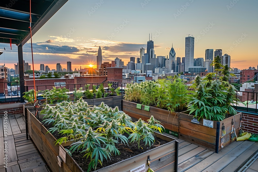 Fototapeta premium A vibrant urban rooftop cannabis garden, plants thriving in raised beds, cityscape in the background, sunset casting a warm glow, innovative and green living, urban sustainability