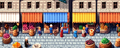 A pixel art bustling medieval market with colorful stalls, townsfolk shopping, and the sound of merchants calling out their wares