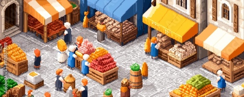 A pixel art bustling medieval market with colorful stalls, townsfolk shopping, and the sound of merchants calling out their wares