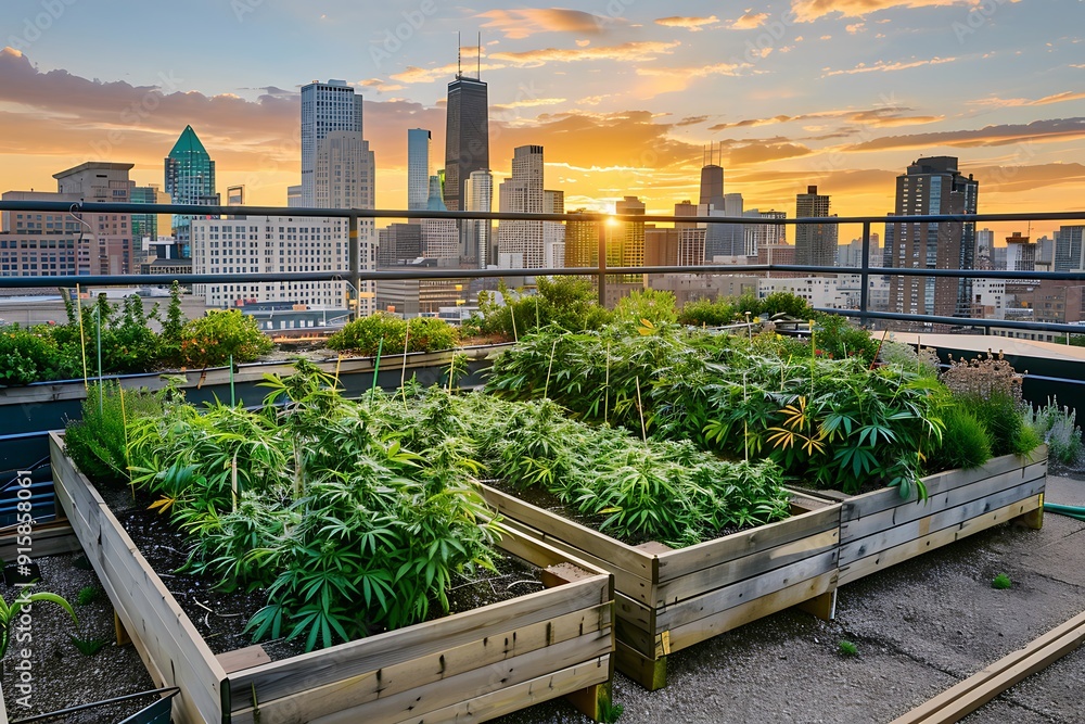 Fototapeta premium A vibrant urban rooftop cannabis garden, plants thriving in raised beds, cityscape in the background, sunset casting a warm glow, innovative and green living, urban sustainability