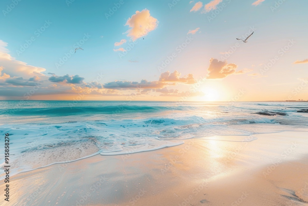 Obraz premium A beach scene with waves crashing against the shore and birds flying overhead