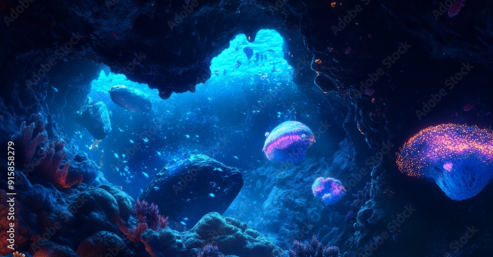 Obraz premium Undersea Fantasy: Anime-Style Coral Cave with Glowing Corals and Dazzling Fish, Perfect for Abstract Art and Immersive Storytelling