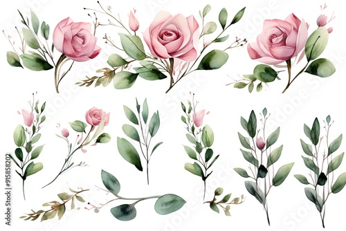 Wallpaper Mural Watercolor illustration of pink roses with green leaves, perfect for invitations, cards, and decorations. Torontodigital.ca