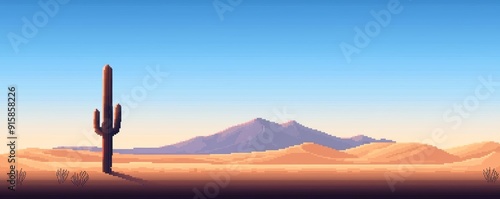 A pixel art desert landscape with a lone cactus, sand dunes, and the silhouette of a distant mountain range