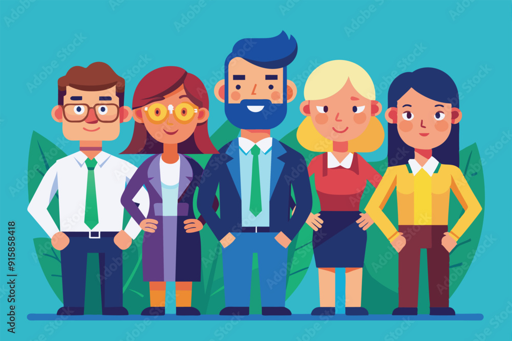 A group of five diverse colleagues stands confidently, showcasing their unique styles and personalities while smiling in a vibrant setting A group of five diverse colleagues stands confidently, showcasing their unique styles and personalities while smiling in a vibrant setting