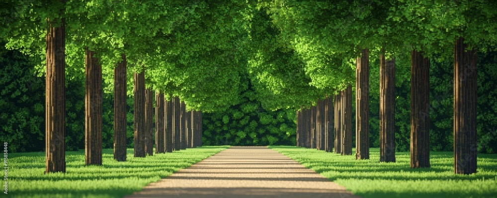 A pixel art forest pathway lined with tall trees, dappled sunlight filtering through the leaves, and a sense of tranquility A pixel art forest pathway lined with tall trees, dappled sunlight filtering through the leaves, and a sense of tranquility