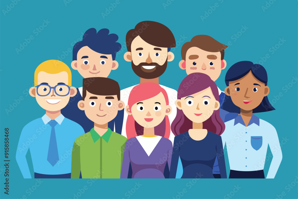 A diverse team of colleagues smiles while standing together, showcasing teamwork and collaboration in a bright office setting A diverse team of colleagues smiles while standing together, showcasing teamwork and collaboration in a bright office setting