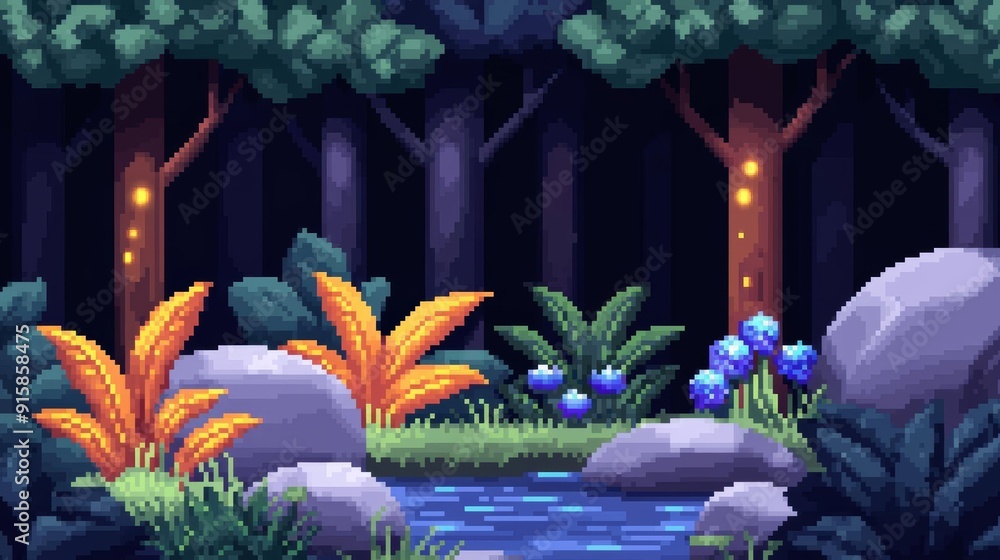 Fototapeta premium A pixel art magical forest glade with glowing plants, mystical creatures, and a bubbling stream