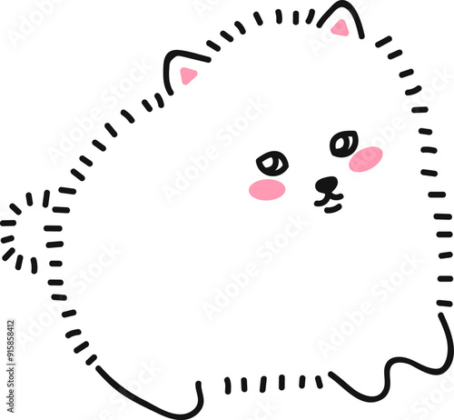 Cute fluffy dog, spitz puppy pomeranian spitz. Small funny dog. Doodle drawing by hand. Linear graphics. Vector illustration isolated on transparent background.