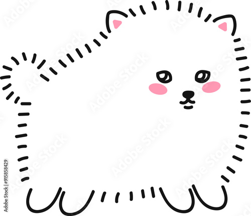 Cute little white dog line drawing. Fluffy dog, puppy pomeranian spitz puppy. Doodle drawing by hand. Linear graphics. Isolated vector illustration.