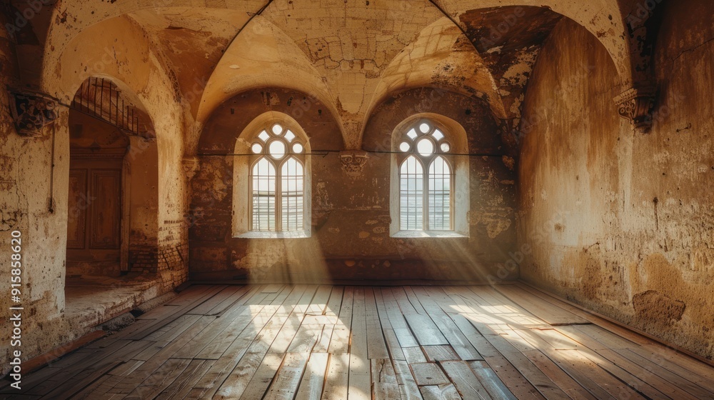 Obraz premium Sunlight Streaming Through Gothic Windows in an Old Building