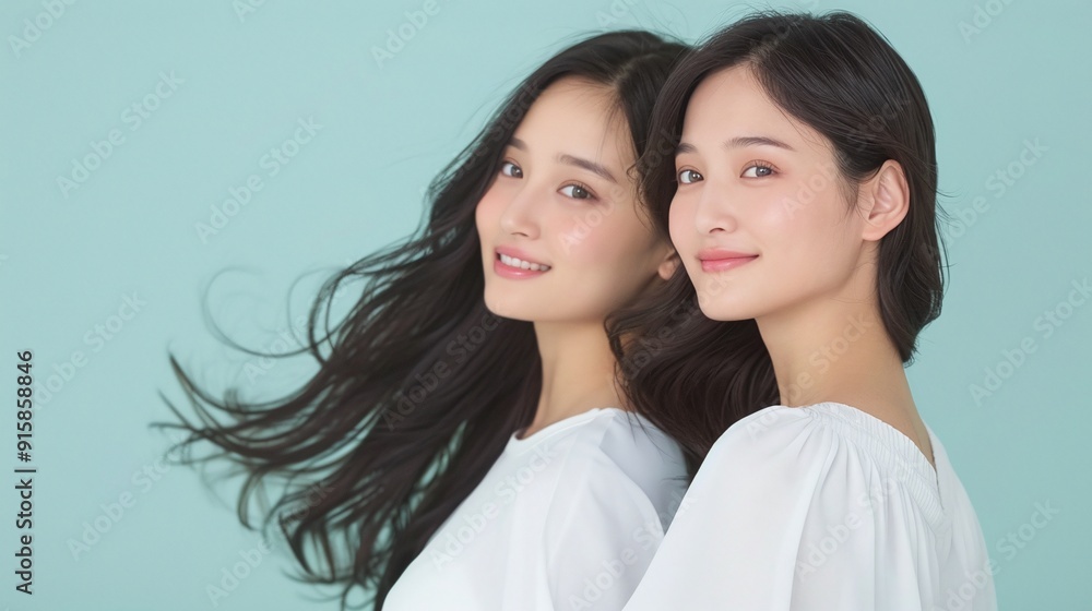 Side Portrait of Two Women in White Outfits on a Mint Green Background, Perfect for Fashion Blogs, Editorials, Banners, Marketing Materials, with Ample Copyspace, Capturing Beauty and Elegance
Side Portrait of Two Women in White Outfits on a Mint Green Background, Perfect for Fashion Blogs, Editorials, Banners, Marketing Materials, with Ample Copyspace, Capturing Beauty and Elegance