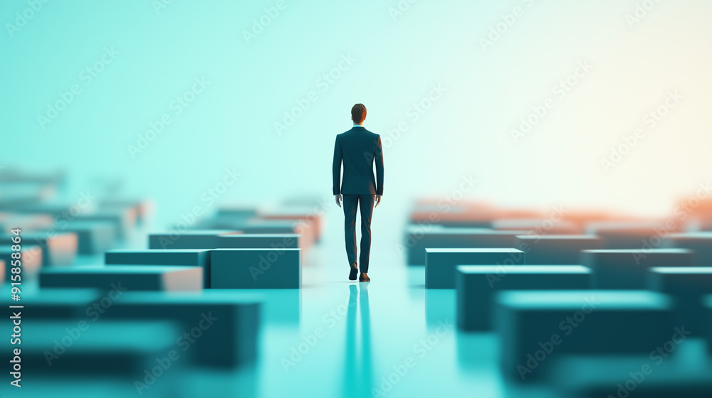 Businessman standing at edge of abstract blue maze, leadership concept Businessman standing at edge of abstract blue maze, leadership concept