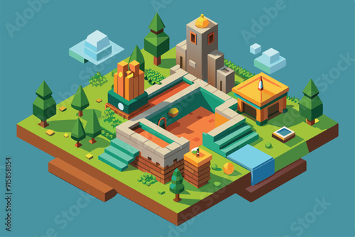 A detailed isometric landscape showcases unique buildings, lush trees, and a blue water element, offering endless customization for creative projects
