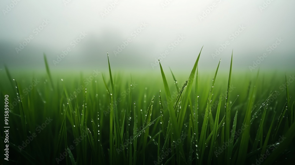 Obraz premium A zoomed shot of rice, in a misty field in dark green tones.