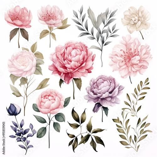 Watercolor illustration of pink, beige, and purple peonies and leaves, isolated on a white background.