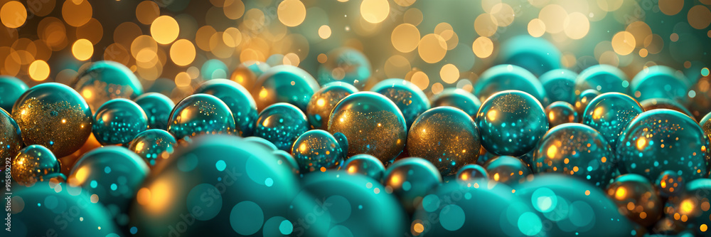 Close-up view of numerous spheres with a bokeh effect, predominantly in shades of blue and gold, creating a vibrant and sparkling visual. Close-up view of numerous spheres with a bokeh effect, predominantly in shades of blue and gold, creating a vibrant and sparkling visual.