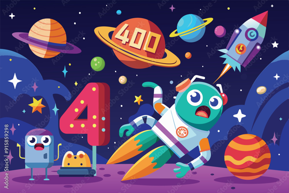 A whimsical alien and a robot explore a vivid cosmic landscape filled with planets, rockets, and colorful numbers, celebrating space exploration A whimsical alien and a robot explore a vivid cosmic landscape filled with planets, rockets, and colorful numbers, celebrating space exploration