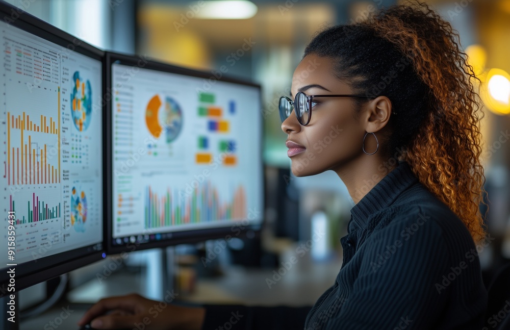A Black woman analyzing business data on two monitors in a modern office A Black woman analyzing business data on two monitors in a modern office
