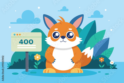 A charming cartoon animal stands amidst greenery, displaying a playful demeanor while standing next to a sign indicating an error