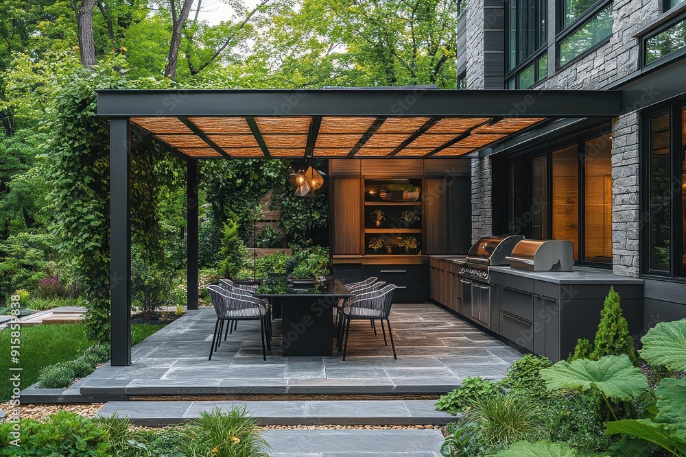 luxurious modern patio oasis with sleek pergola retractable awning glass dining table ergonomic chairs and stainless steel grill surrounded by lush greenery luxurious modern patio oasis with sleek pergola retractable awning glass dining table ergonomic chairs and stainless steel grill surrounded by lush greenery