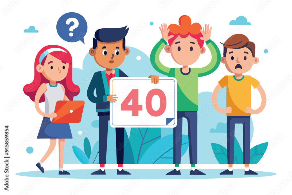 Four characters express various emotions while discussing the number forty, surrounded by a vibrant, cartoonish outdoor background Four characters express various emotions while discussing the number forty, surrounded by a vibrant, cartoonish outdoor background