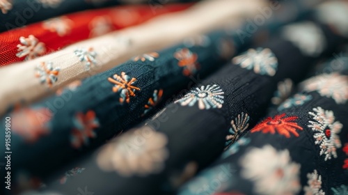 Colorful Floral Fabrics Rolled Together in a Textile Display