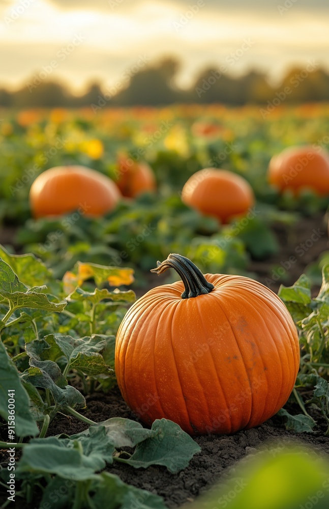 Pumpkins scattered across a farm field, thriving in a pumpkin patch, ready for harvest Pumpkins scattered across a farm field, thriving in a pumpkin patch, ready for harvest