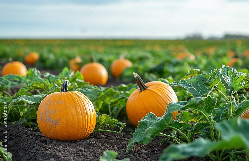 Obraz premium Pumpkins scattered across a farm field, thriving in a pumpkin patch, ready for harvest