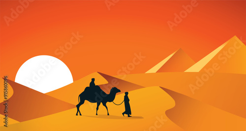 Silhouette of the Camel Trader crossing the sand to pyramid dune during sunset. Silhouette illustration of riding a Camel during sunset, desert, rajasthan, morocco, dunes, thar
