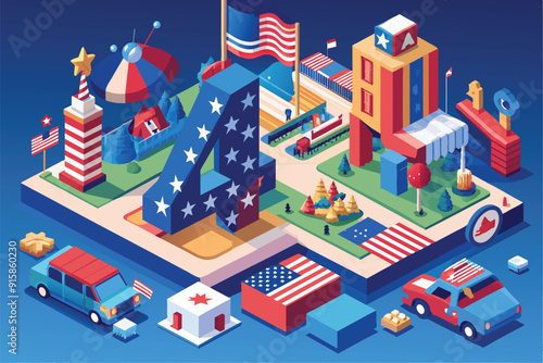A colorful isometric depiction of a July Fourth celebration featuring iconic symbols, festive activities, and patriotic decorations