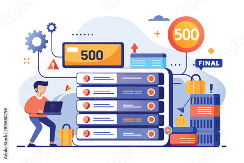 A person works on a laptop while surrounded by graphics illustrating an internal server error and customizable data management options