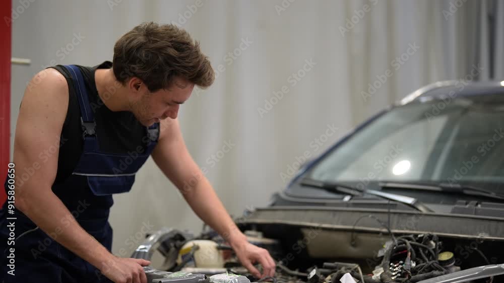 Experienced car mechanic male servicing car engine in automobile repair and renew service station. Portrait of car service repairman examining broken engine. Garage employee conducts vehicle checkup Experienced car mechanic male servicing car engine in automobile repair and renew service station. Portrait of car service repairman examining broken engine. Garage employee conducts vehicle checkup