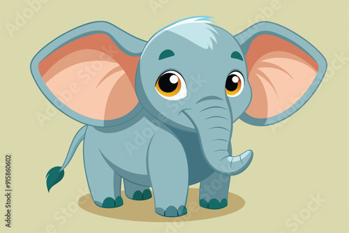 A baby elephant stands tall, showcasing its large ears in a vibrant savanna under clear blue skies, radiating a sense of innocence and charm