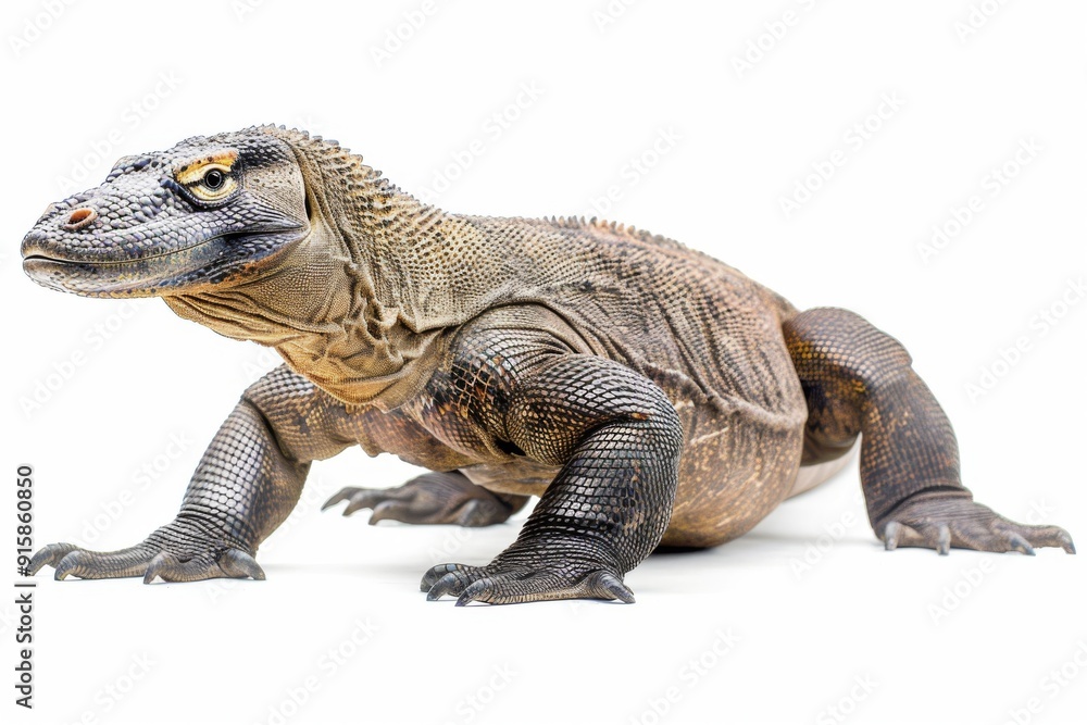 Obraz premium A komodo dragon lurks in the undergrowth, waiting to pounce on its unsuspecting prey. The dense foliage provides the perfect camouflage for the stealthy predator.