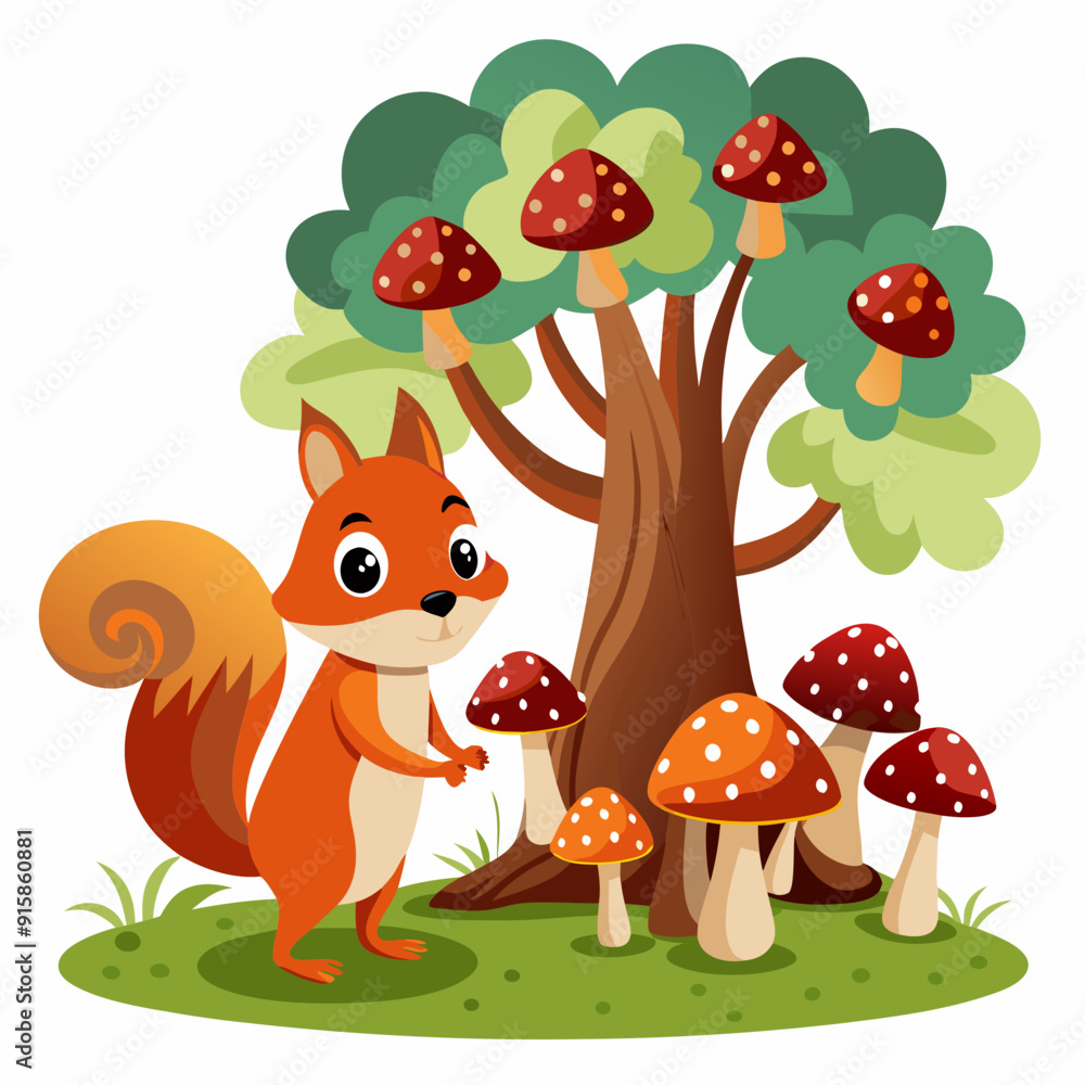 Naklejka premium Squirrel Among the Mushrooms art vector illustration