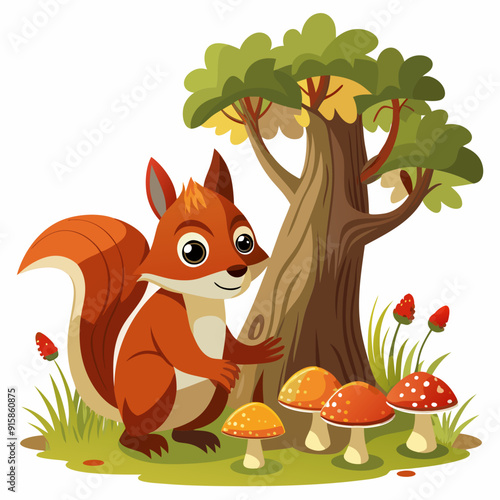 Squirrel Among the Mushrooms art vector illustration