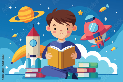 A boy sits on the floor surrounded by books, engrossed in reading about rockets while colorful space-themed decor fills the background